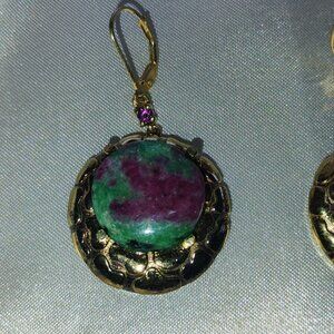 Ruby zoisite dangling earrings in sterling silver and gold overlay